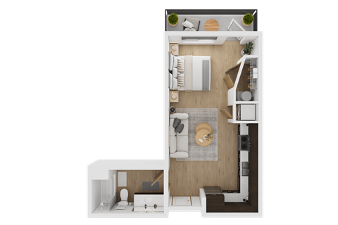 Floor plan for studio, 1 bath, 424 sqft